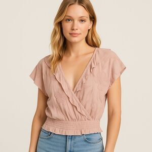 ASTR Womens Small Soft Pink Cottagecore Romantic Ruffle‎ Blouse Wrap Shirt Top